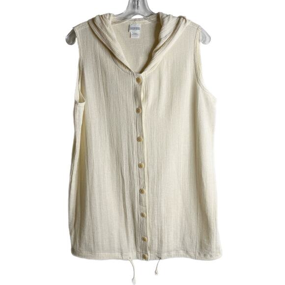 Lands' End Women's VTG Top S Cream Sleeveless Cotton Hooded Button Up Drawstring - Picture 1 of 8